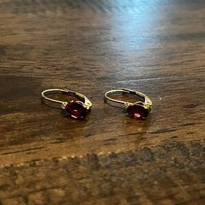 Genuine Garnet Dainty Gold Tone Hoop Earrings with Small Diamond Detailing